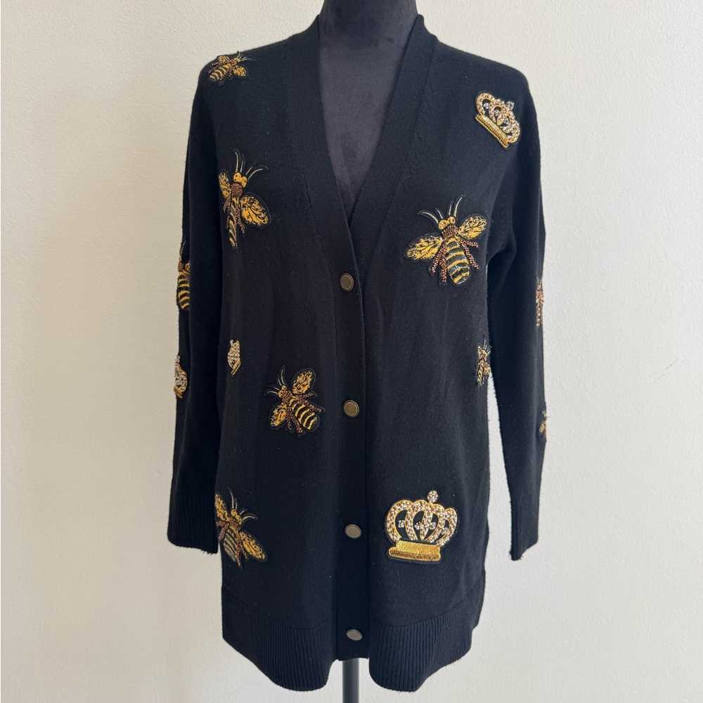 Alice + Olivia Black Cardigan with Gold Bee and Crown Embellishments